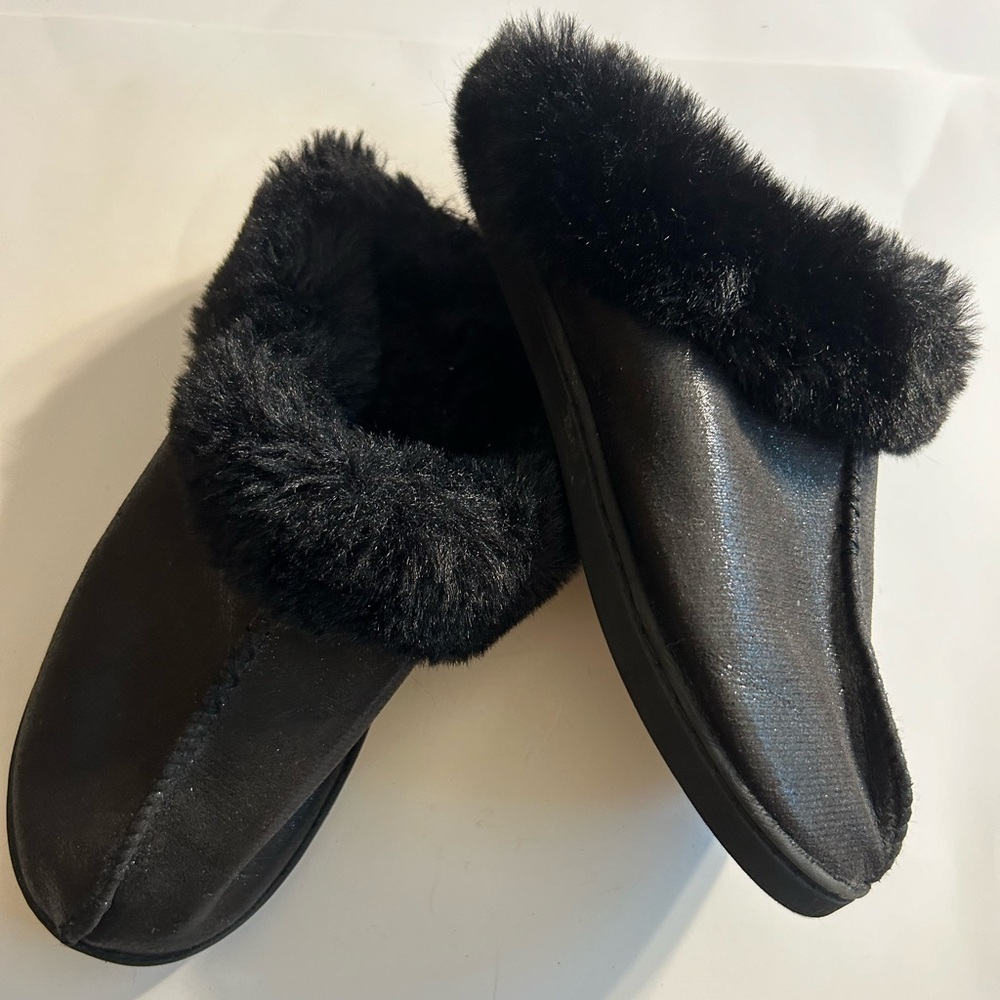 LC LAUREN CONRAD BLACK FAUX METALLIC FUR LINED CLOG WOMEN’S SLIPPERS SIZE (9-10)